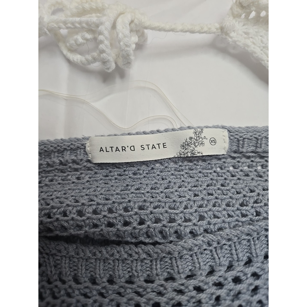 Altar'd State Women XS Crochet Crop Top Tie Back Bell Sleeve Blue Boho - Picture 3 of 10